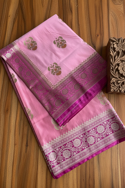 Baby Pink Katan Pure Banarasi Maushroom  Silk Saree