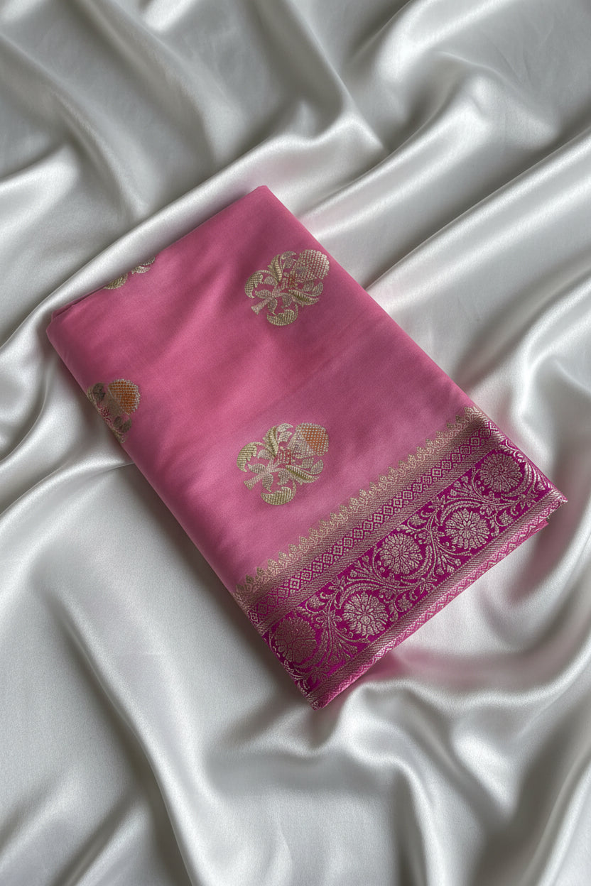 Baby Pink Katan Pure Banarasi Maushroom  Silk Saree