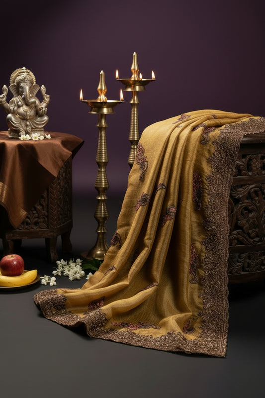 Mustard Gold Pure Crushed tissue Saree