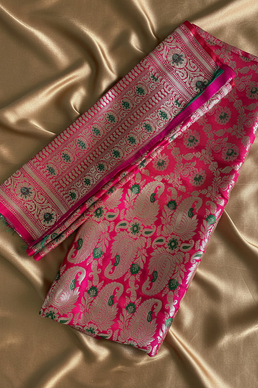 Bridal Red Banarasi Silk Set with Silver-Zari Meenakari Dupatta |