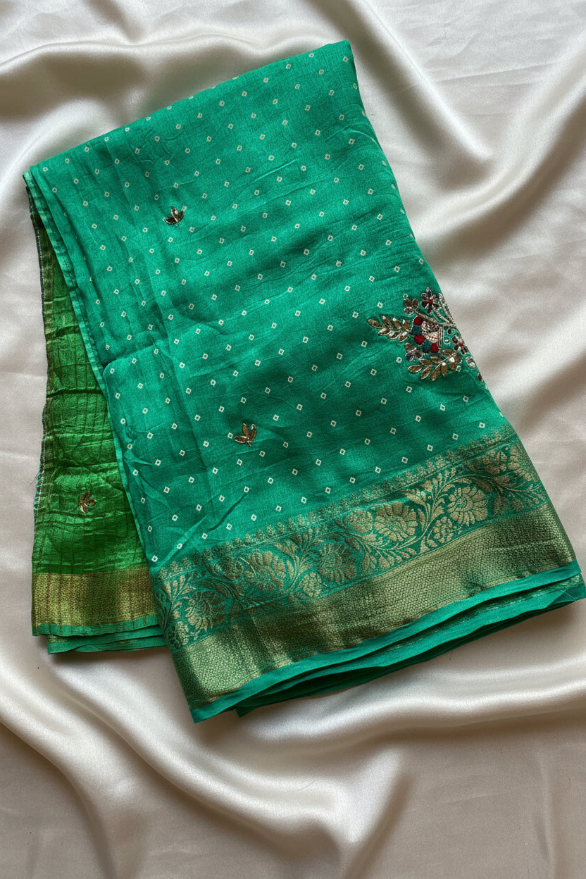 Emerald Green Bandhani Pure Dola Silk  Saree