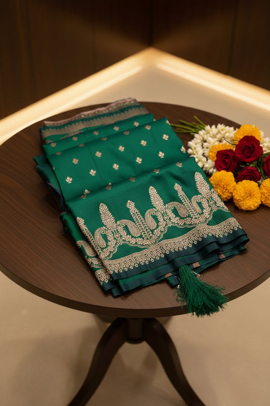 Bottle Green Soft  Silk Saree with Silver Zari Butis & Antique Gold Woven Border