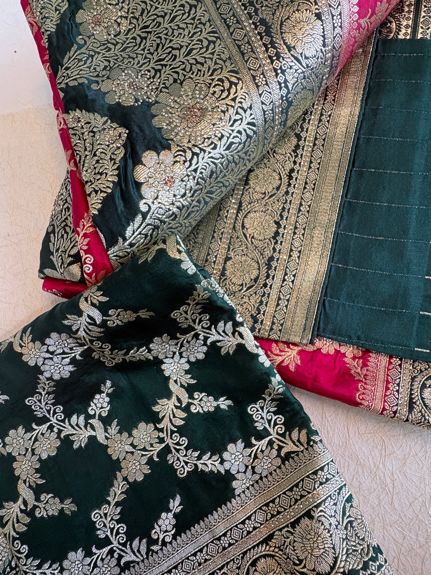 Bottle green & Red Banarasi Silk saree  with  Heavy Dupatta