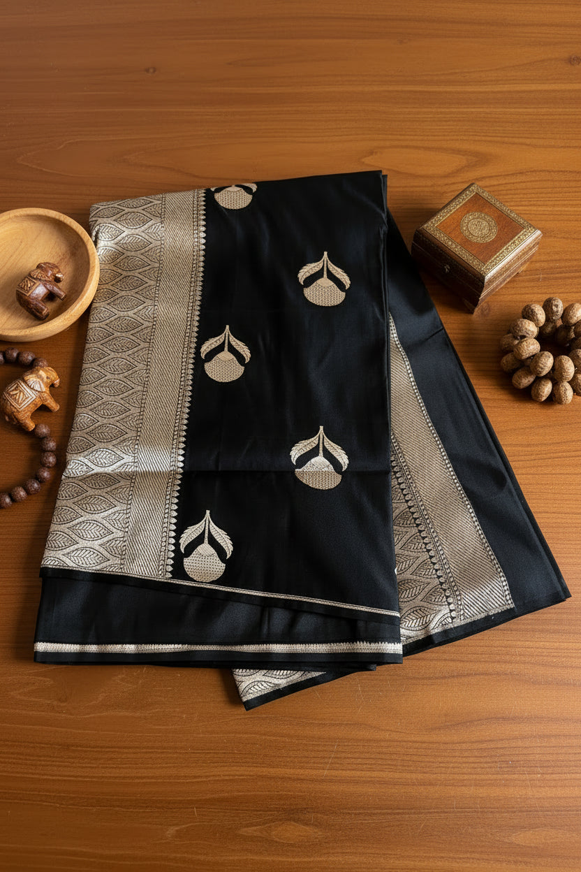 Jet Black Pure Banarasi Silk Saree