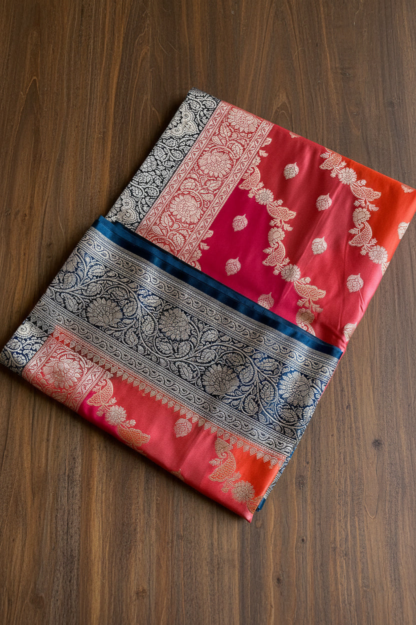 Reddish-Orange Katan Pure  Banarasi Mushroom Silk Saree