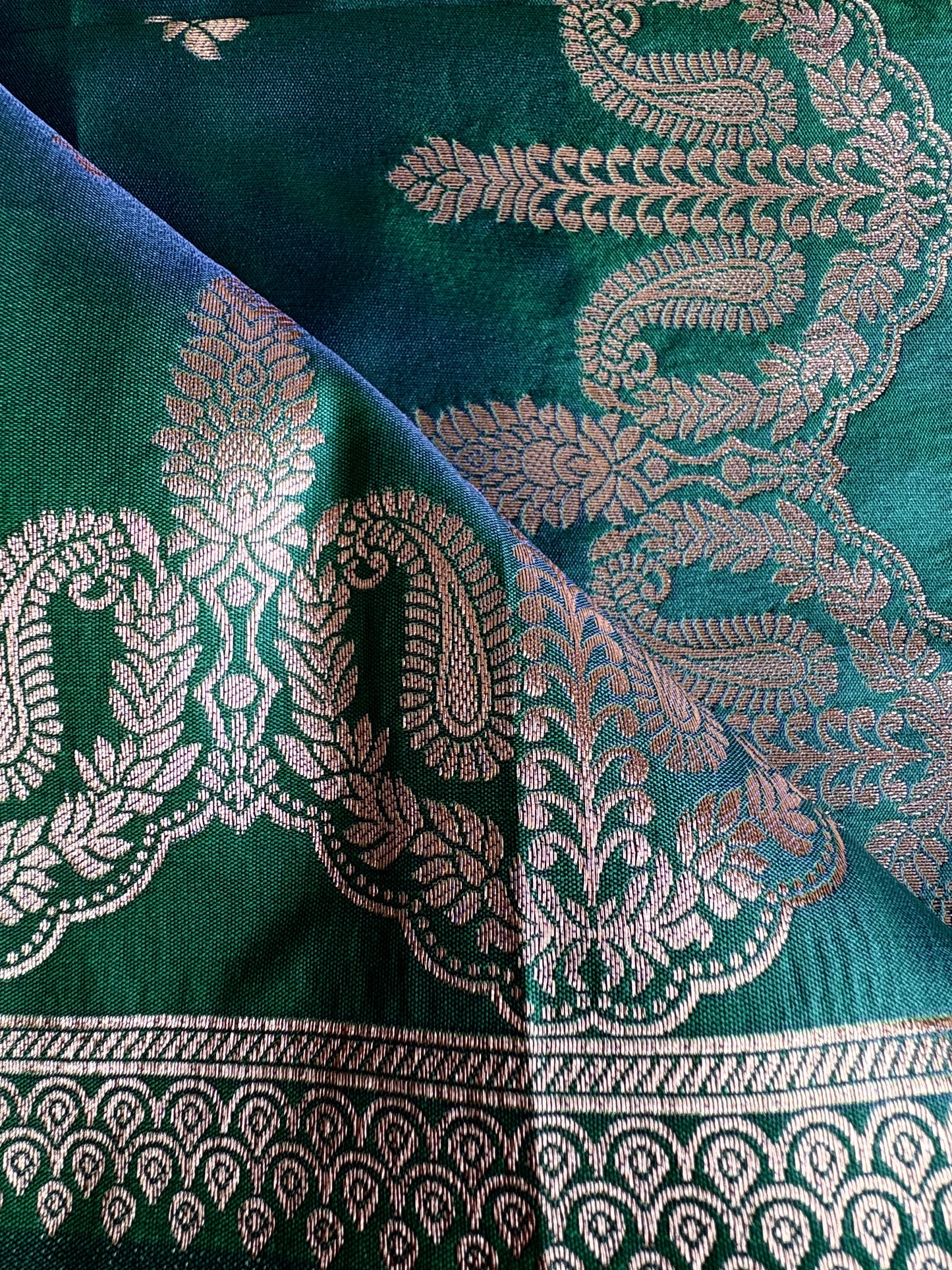 Bottle Green Soft  Silk Saree with Silver Zari Butis & Antique Gold Woven Border