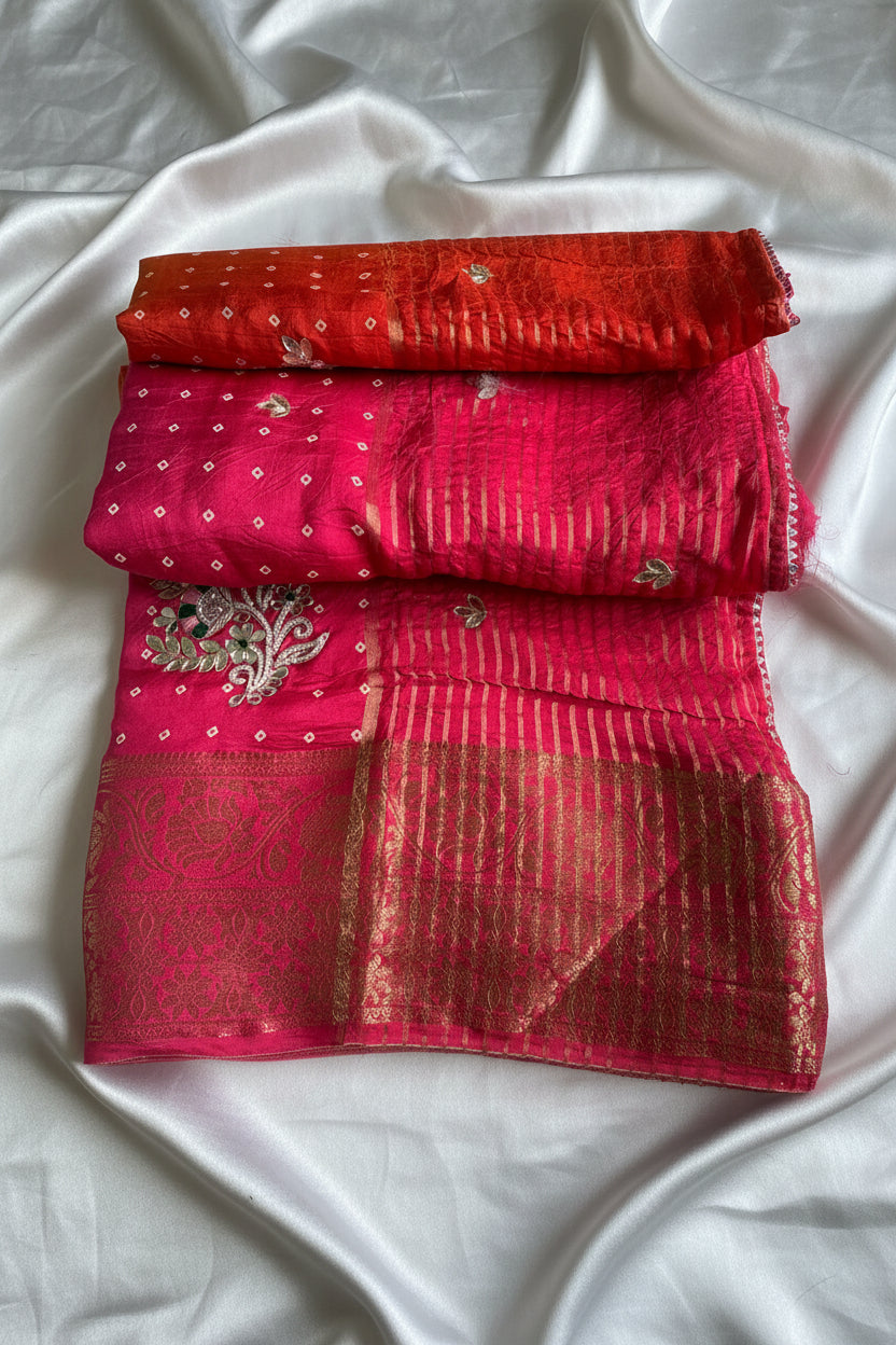 Rani Pink Bandhani Pure Dola Silk Saree