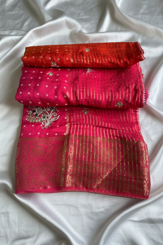 Rani Pink Bandhani Pure Dola Silk Saree