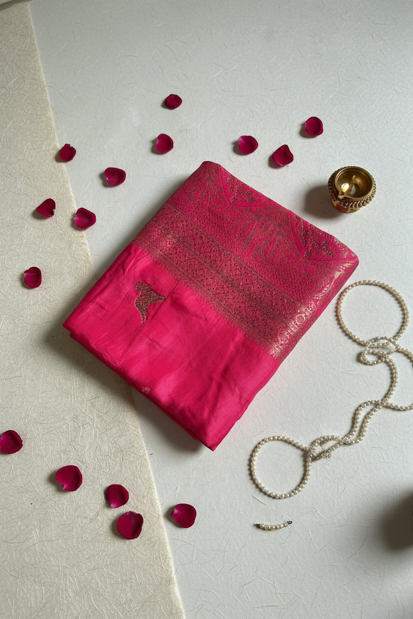 Rose Pink Magenta Pure Silk Banarasi Saree with Gold Zari Stripes & Woven Border