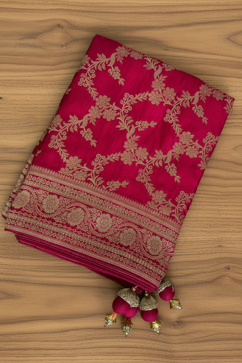 Maroon, Teal & Red Banarasi Silk saree With Duppata
