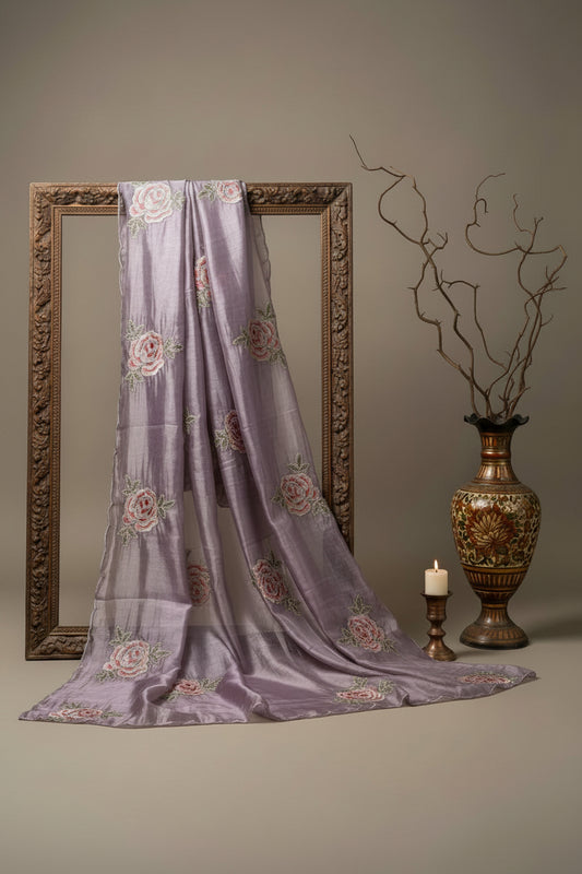 Metallic Mauve/Lavender Pure Tissue Silk Saree With Stitched Blouse