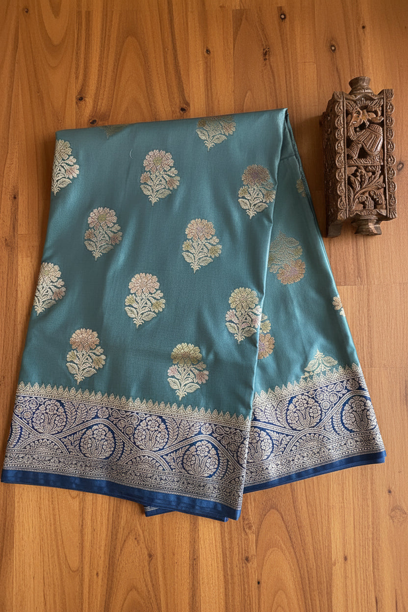 Dusty Teal Katan Pure Banarasi Mushroom  Silk Saree