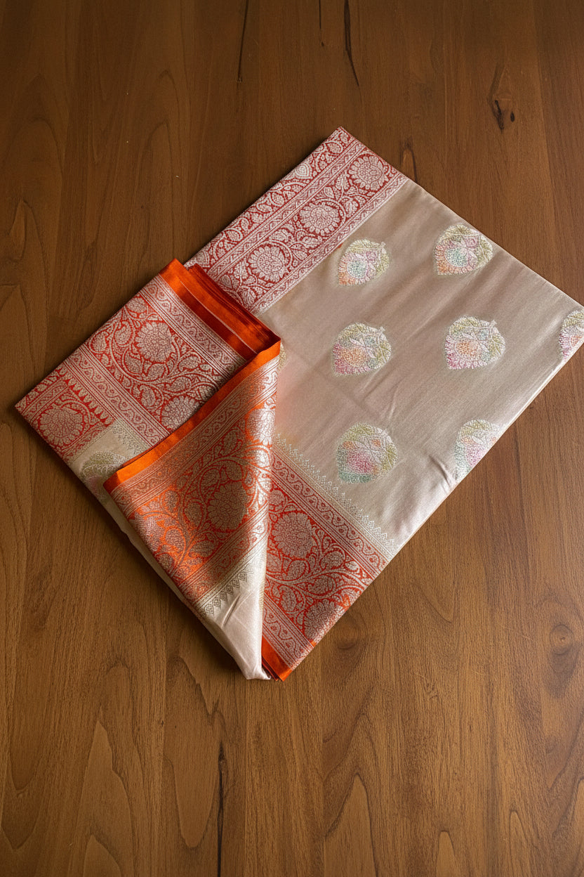 Ivory White pure Banarasi Mushroom Silk Saree