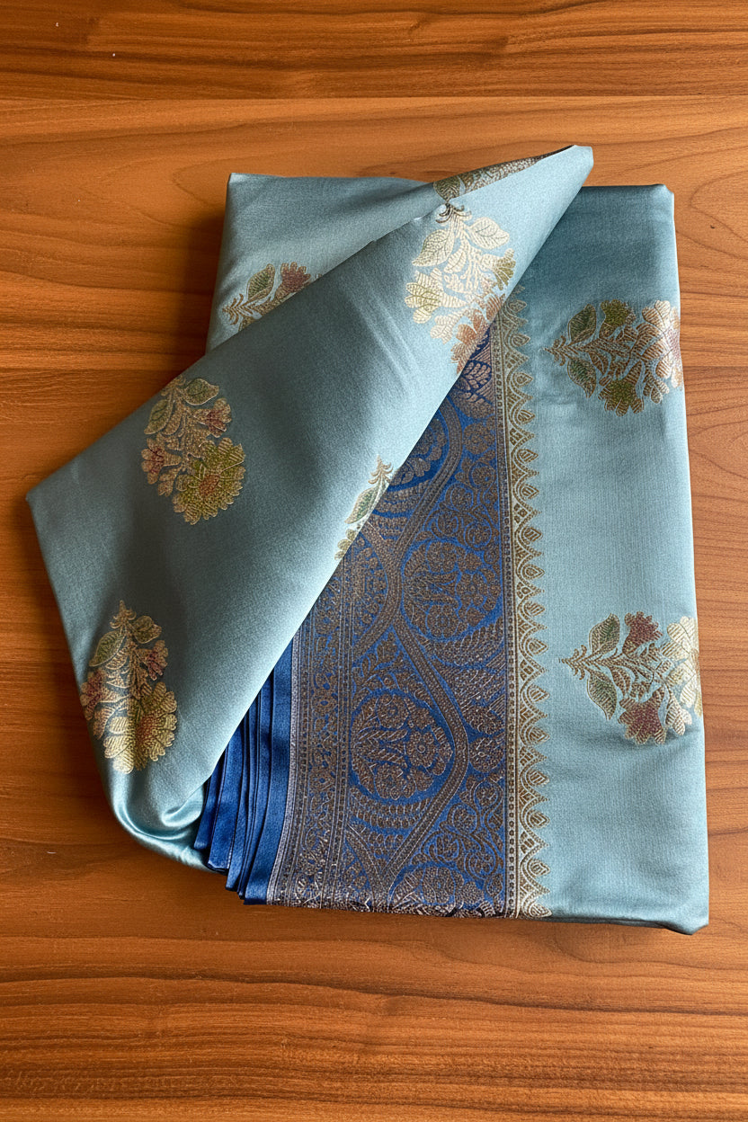 Dusty Teal Katan Pure Banarasi Mushroom  Silk Saree