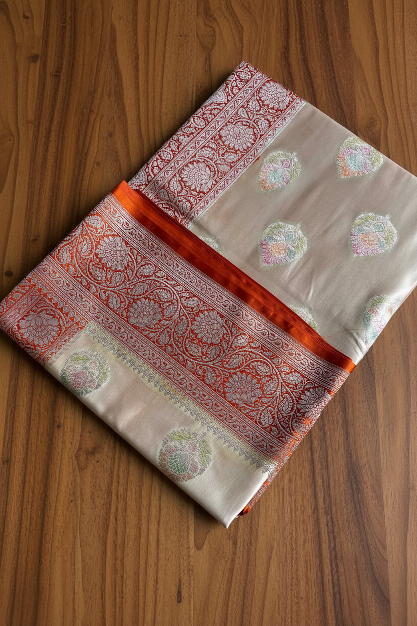 Ivory White pure Banarasi Mushroom Silk Saree