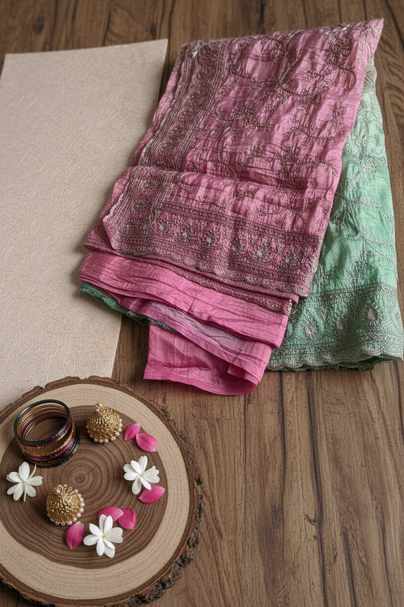 Onion Pink Mauve Crushed Tissue Silk Saree with Silver Zari Embroidery