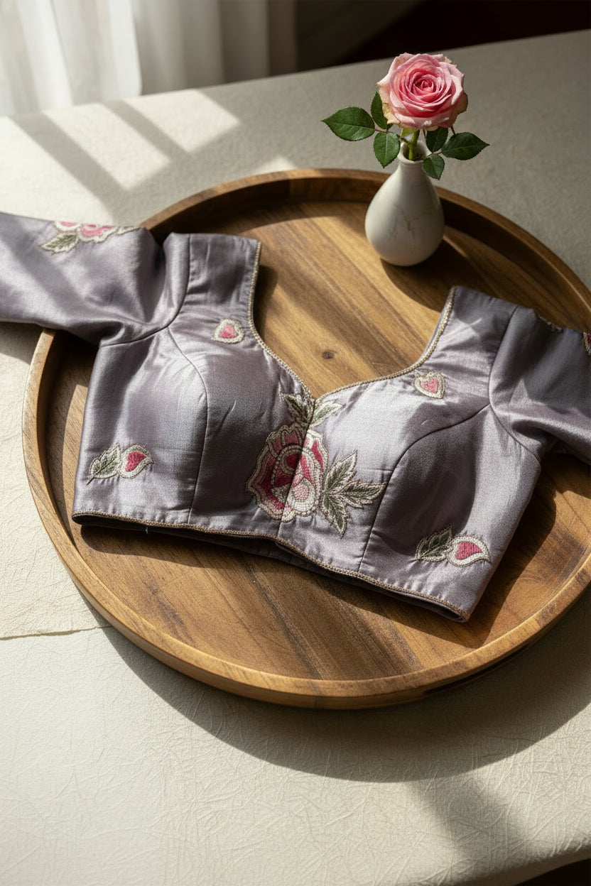 Metallic Mauve/Lavender Pure Tissue Silk Saree With Stitched Blouse