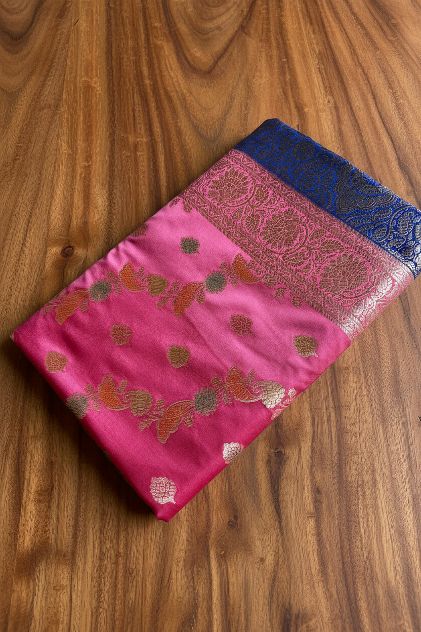 Rani Pink Katan Pure Banarasi Mushroom Silk Saree