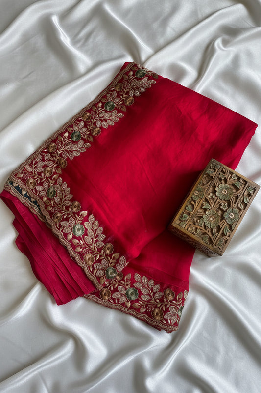 Maroon Red Pure Organza  Saree