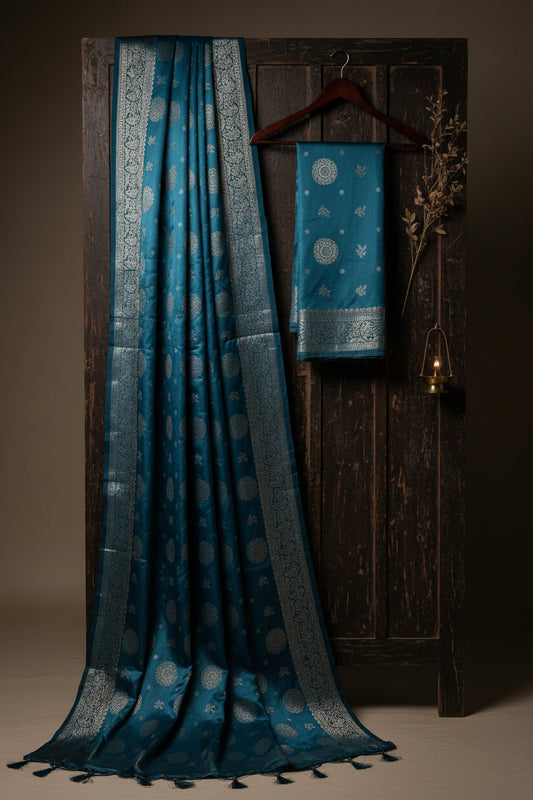 Steel Blue Teal Premium soft Silk Saree