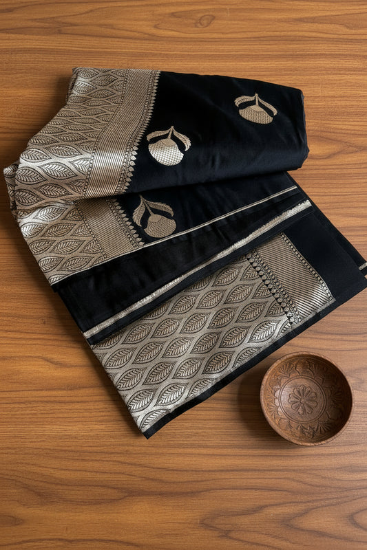 Jet Black Pure Banarasi Silk Saree