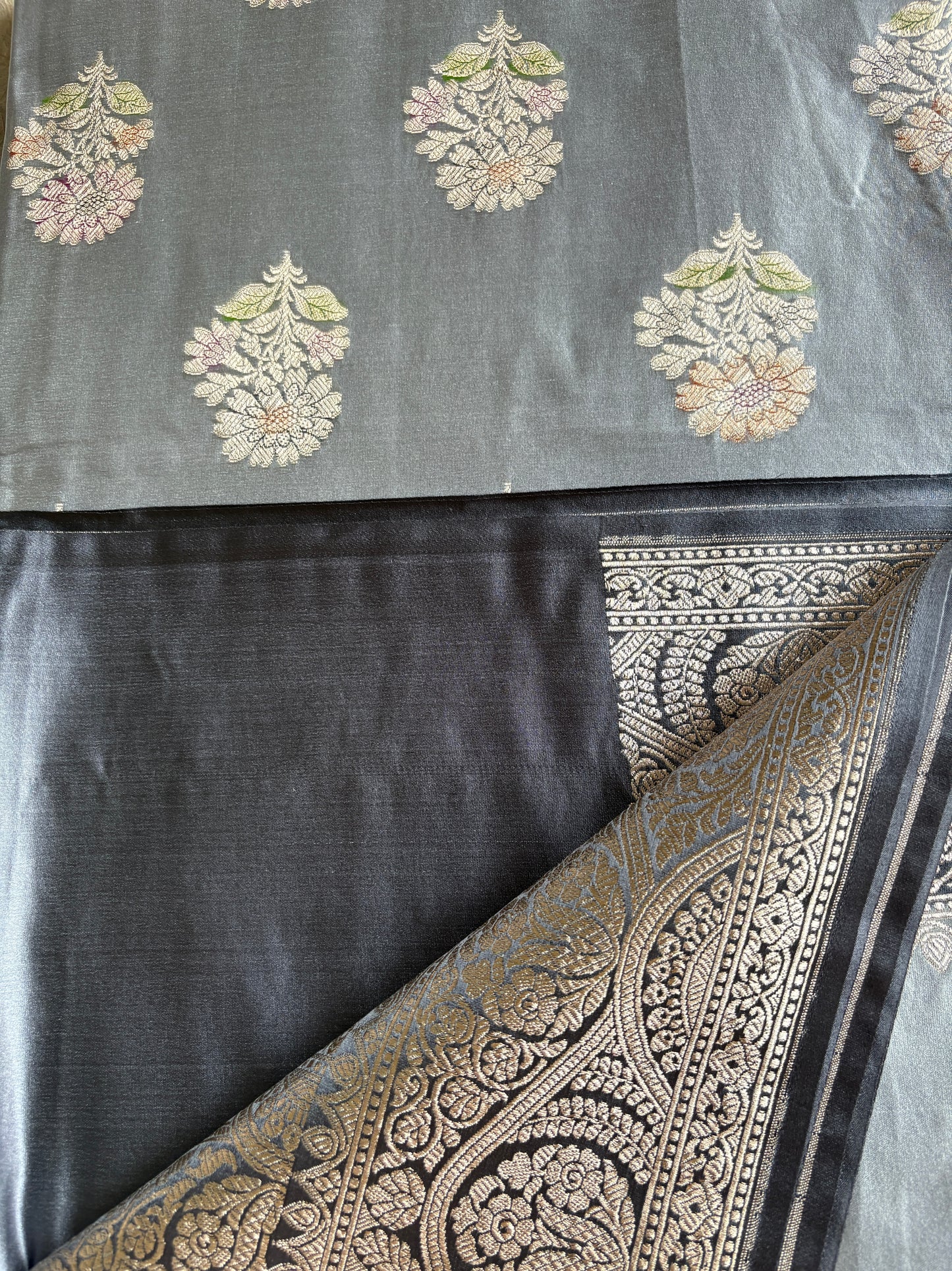Steel Grey Katan Pure Banarasi Mushroom Silk Saree