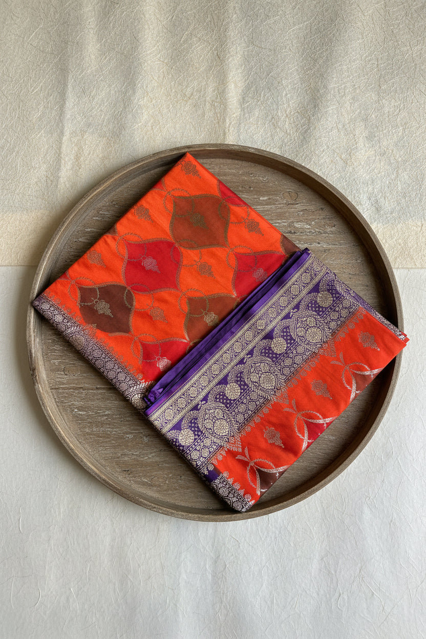 Burnt Orange Pure Banarasi Mushroom  Silk Saree