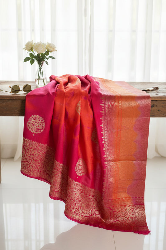 Dual-Tone Red & Orange Pure Dola Silk Saree