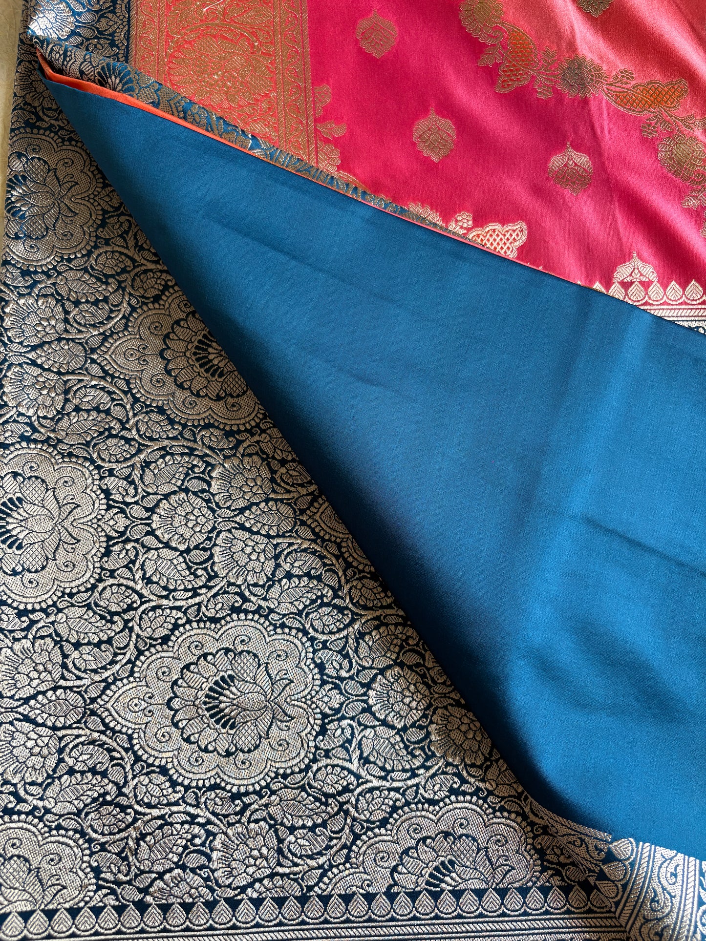 Reddish-Orange Katan Pure  Banarasi Mushroom Silk Saree