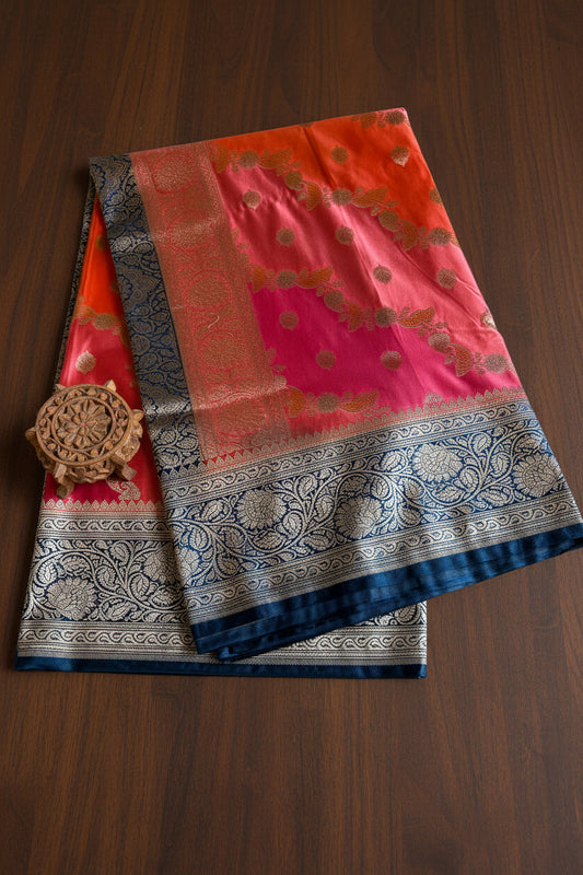 Reddish-Orange Katan Pure  Banarasi Mushroom Silk Saree
