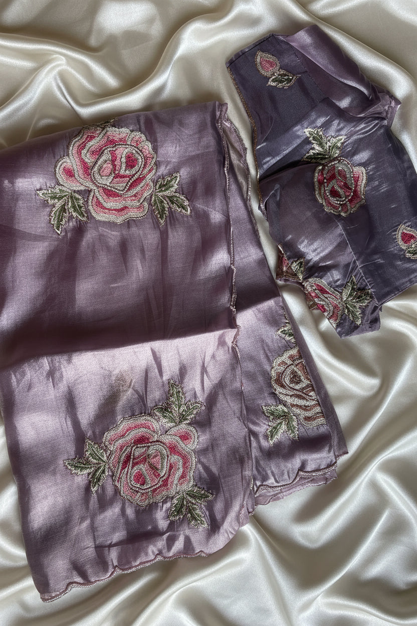 Metallic Mauve/Lavender Pure Tissue Silk Saree With Stitched Blouse