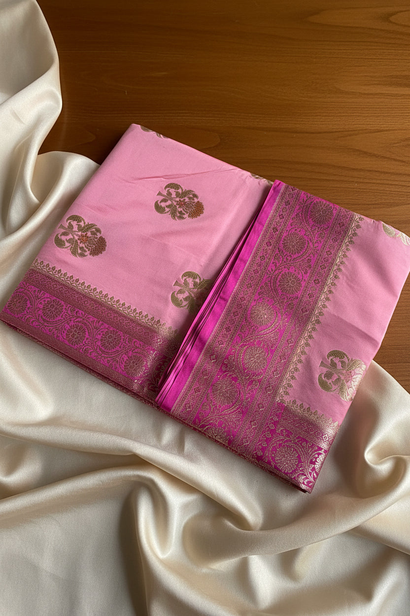Baby Pink Katan Pure Banarasi Maushroom  Silk Saree