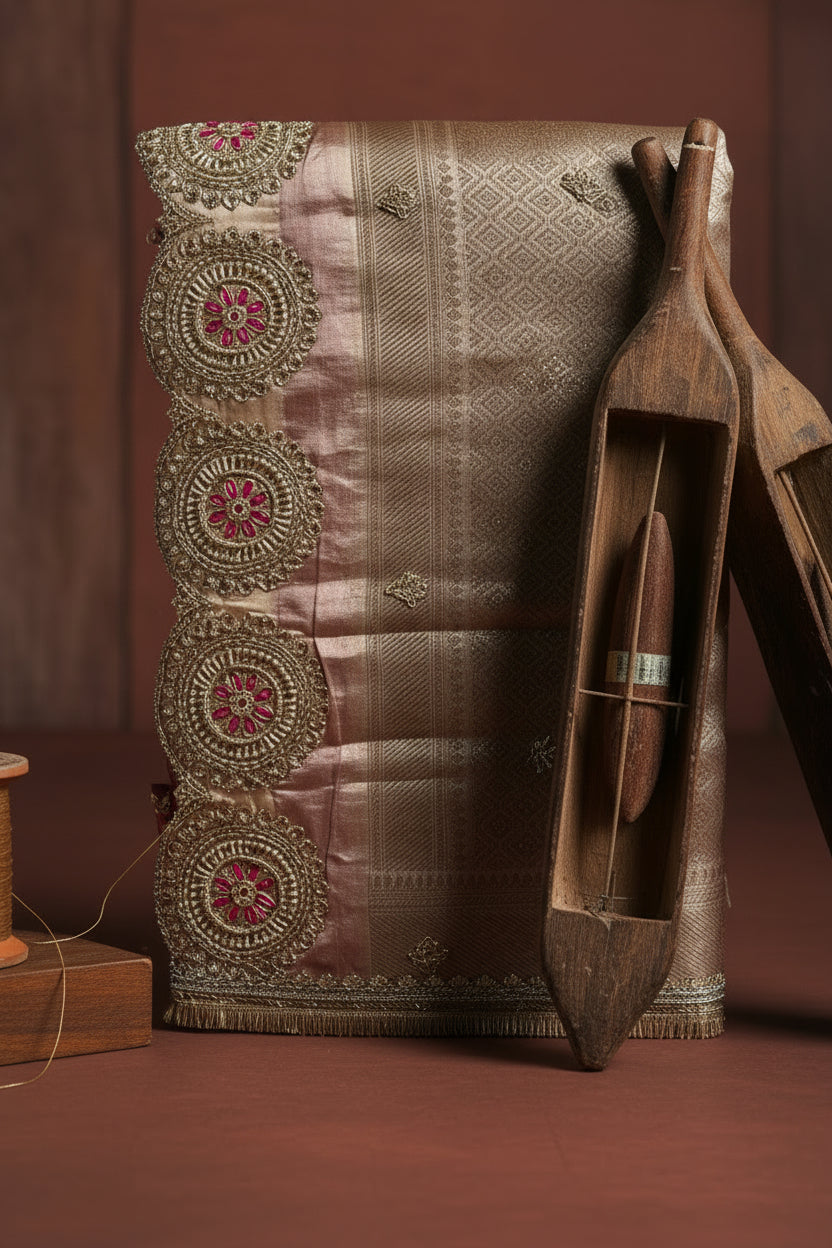 Antique Gold Pure Banarasi Tissue Silk Saree With Stiched Blouse.