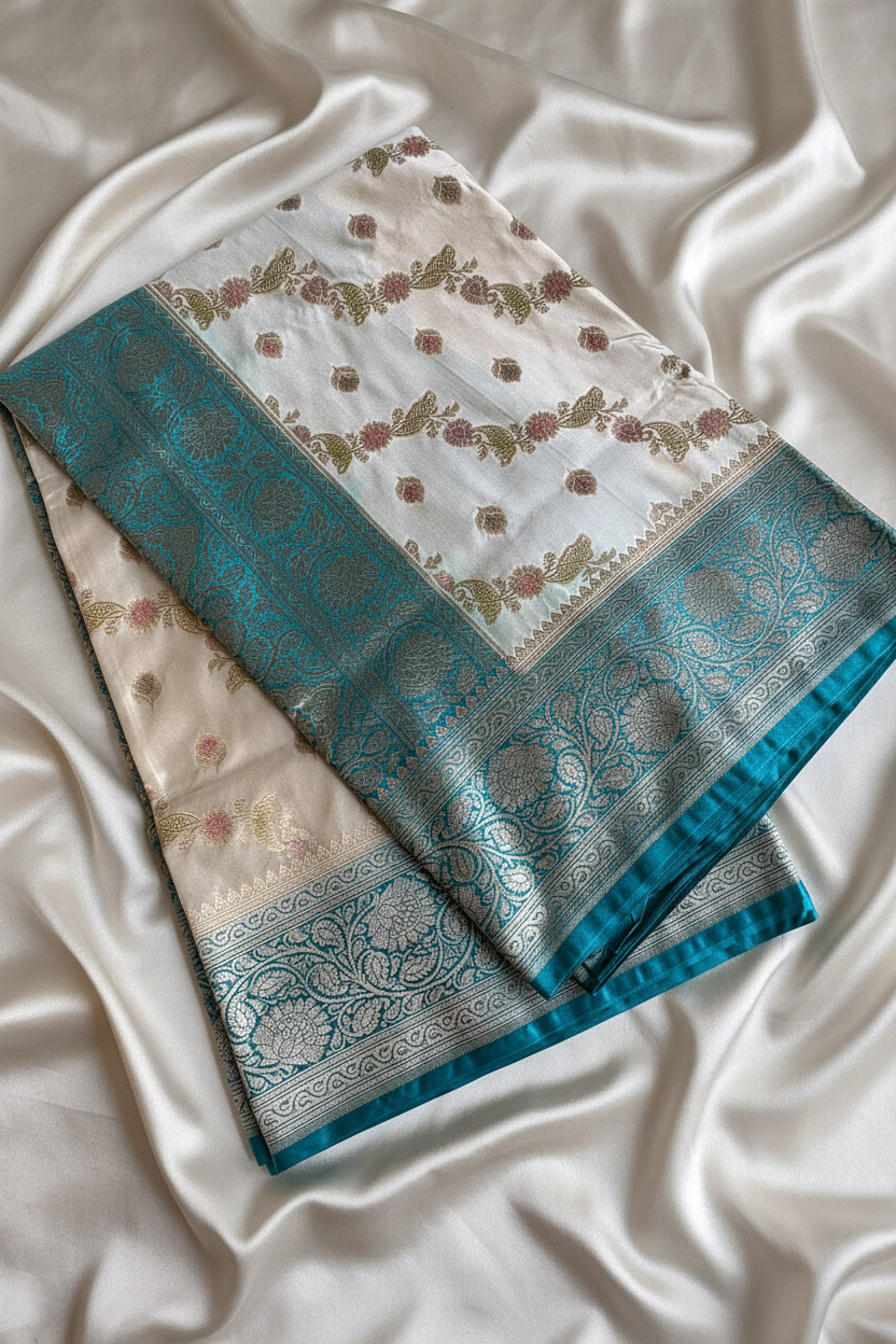 Ivory Katan Pure Banarasi Mushroom Silk Saree