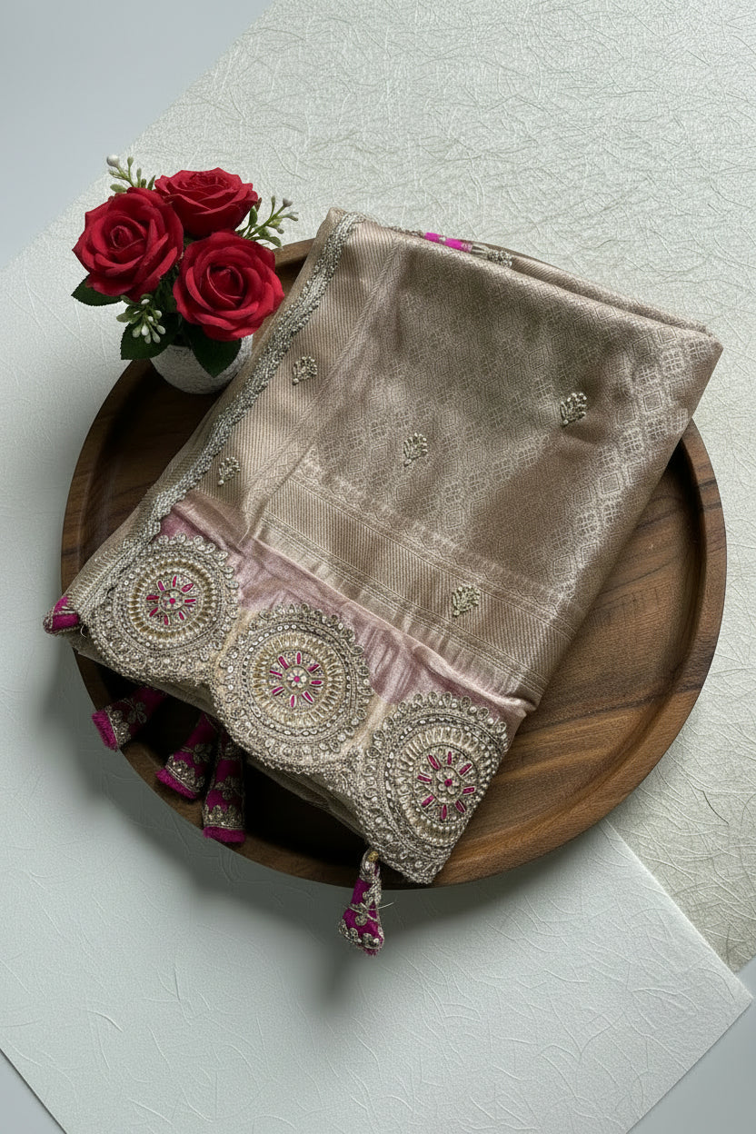 Antique Gold Pure Banarasi Tissue Silk Saree With Stiched Blouse.