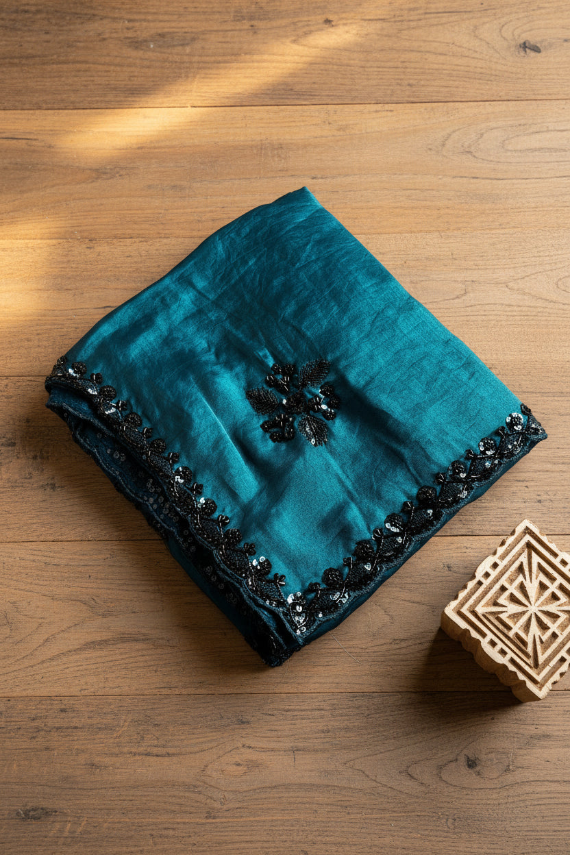 Peacock Teal Pure Crushed Tissue Silk Saree