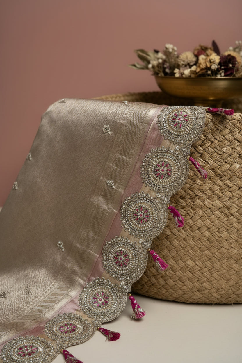 Antique Gold Pure Banarasi Tissue Silk Saree With Stiched Blouse.