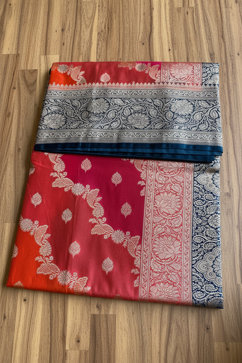 Reddish-Orange Katan Pure  Banarasi Mushroom Silk Saree