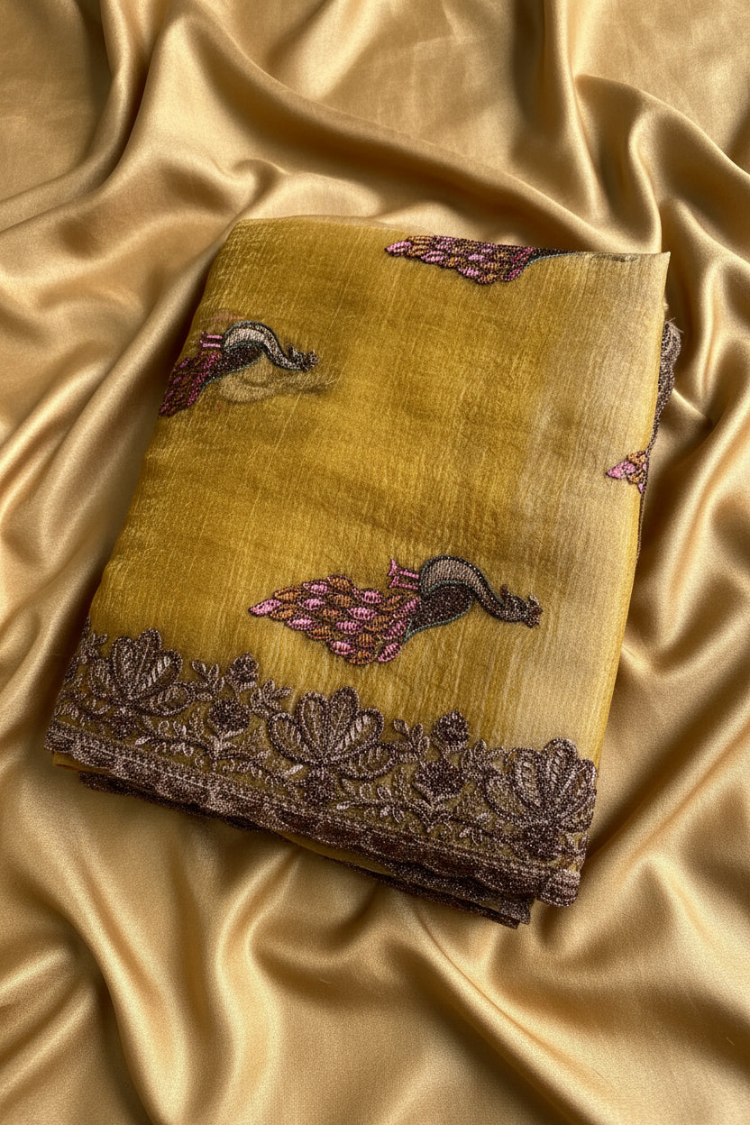 Mustard Gold Pure Crushed tissue Saree