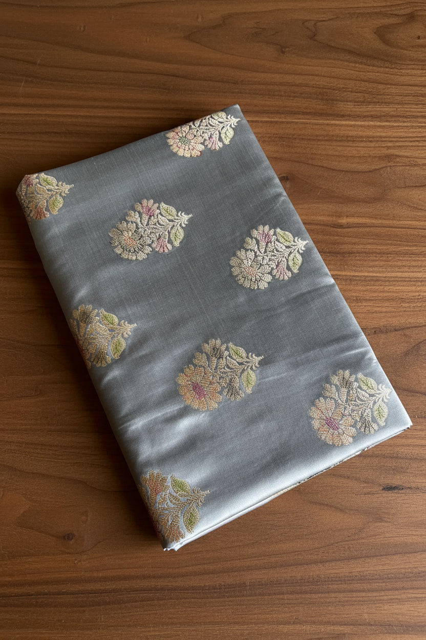 Steel Grey Katan Pure Banarasi Mushroom Silk Saree