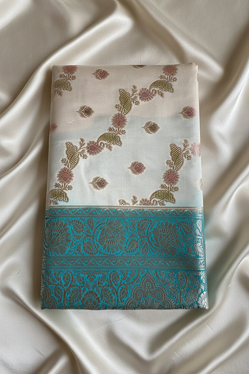 Ivory Katan Pure Banarasi Mushroom Silk Saree