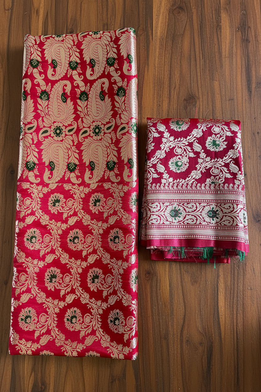 Bridal Red Banarasi Silk Set with Silver-Zari Meenakari Dupatta |