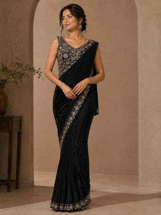 Black Pure Tissue Ready-to-Wear Saree with Heavy Silver Zari & Stone Embroidered Stitched heavy Blouse