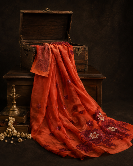 Rust Orange  Pure Tissue Saree