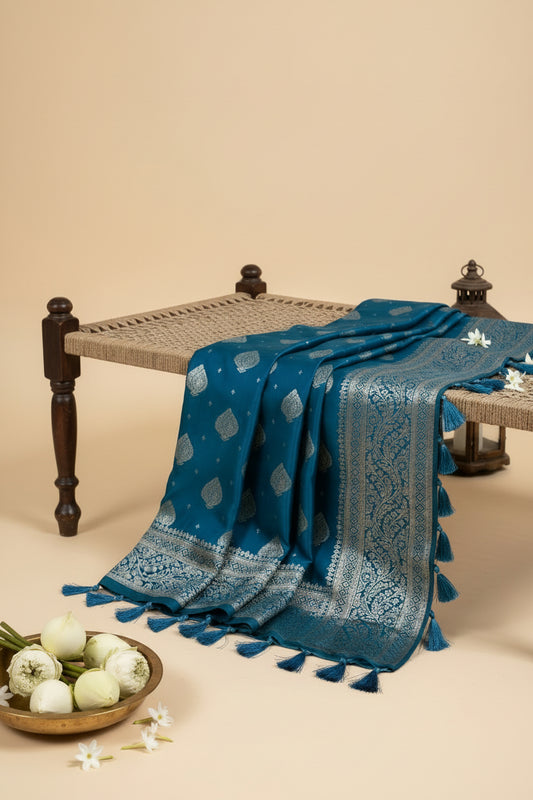 Teal Blue Soft silk saree with silver zari butta