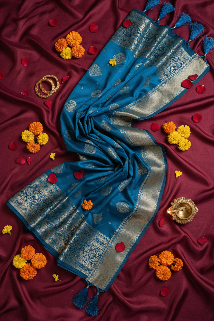 Teal Blue Soft silk saree with silver zari butta