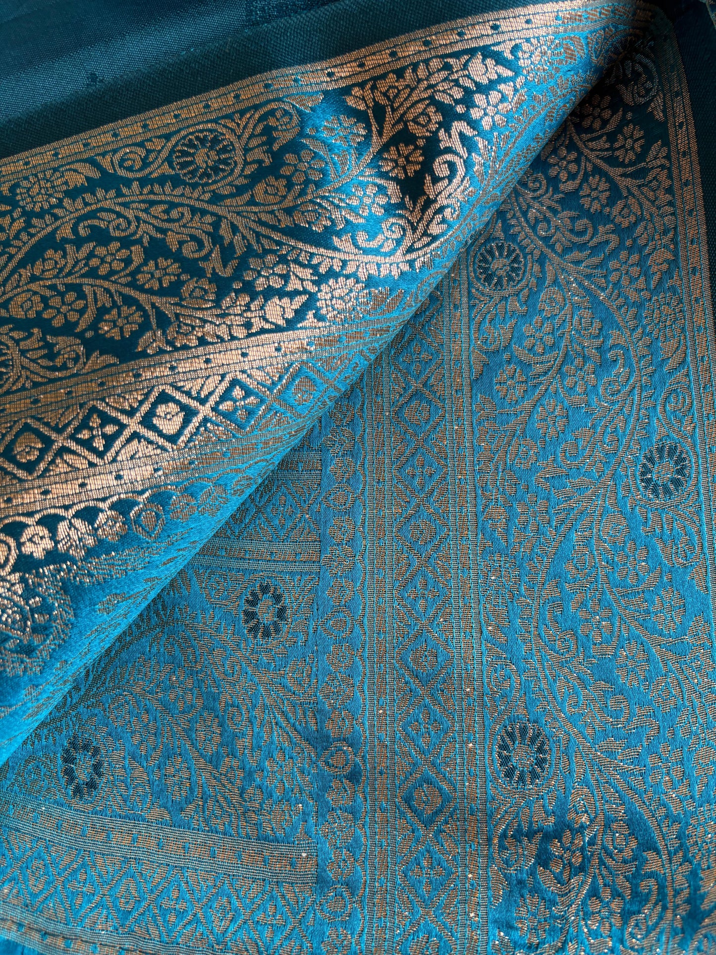 Teal Blue Soft silk saree with silver zari butta