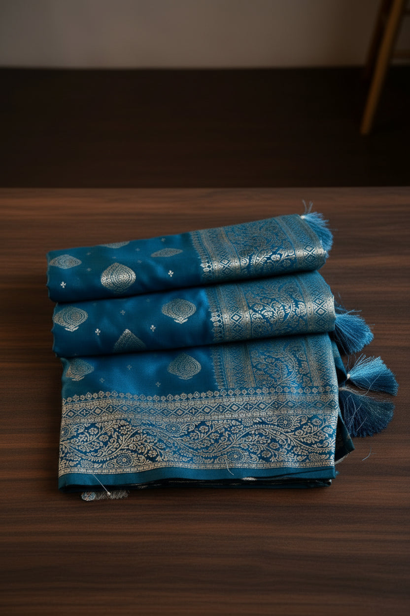 Teal Blue Soft silk saree with silver zari butta