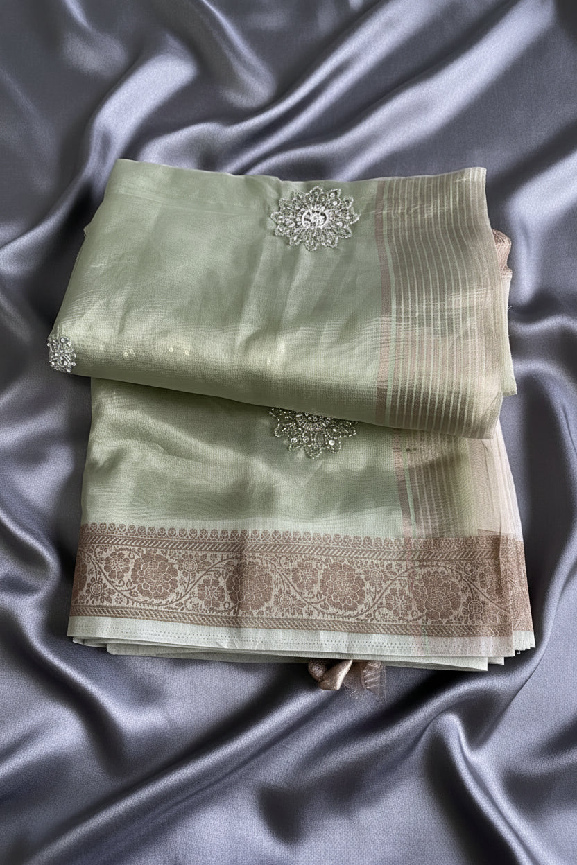 Pista Green Banarasi Tissue Saree with Antique Bronze Border