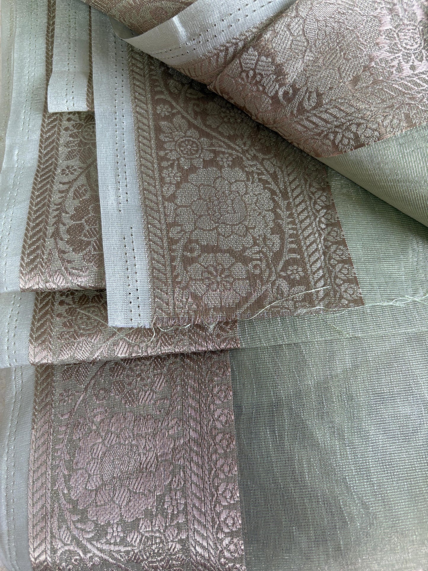 Pista Green Banarasi Tissue Saree with Antique Bronze Border